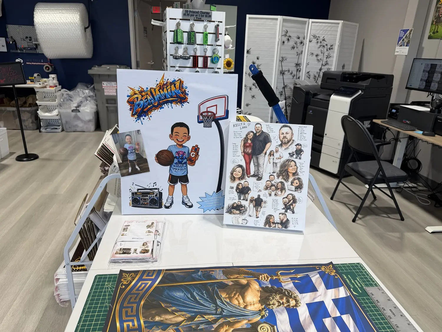 Custom illustrated character and family prints on display